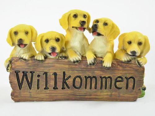 Willkommensschild, 5 Hundewelpen, Polyresin, 28x12x17 cm